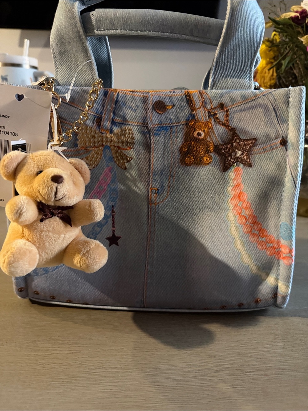 Betsey Johnson Light Blue Denim Tote with Teddy Bear Charm & Star Accents